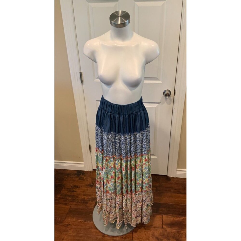 Loretta Caponi Multicolor Floral Tiered Ruffle Maxi Skirt, Size XS
